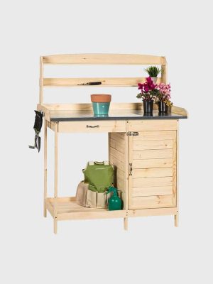 Garden Wooden Potting Workbench with Metal Desk Cabinet Sliding Drawer Large Bottom Shelf outdoor workstation
