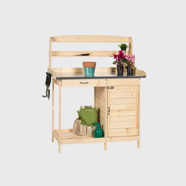 Garden Wooden Potting Workbench with Metal Desk Cabinet Sliding Drawer Large Bottom Shelf outdoor workstation